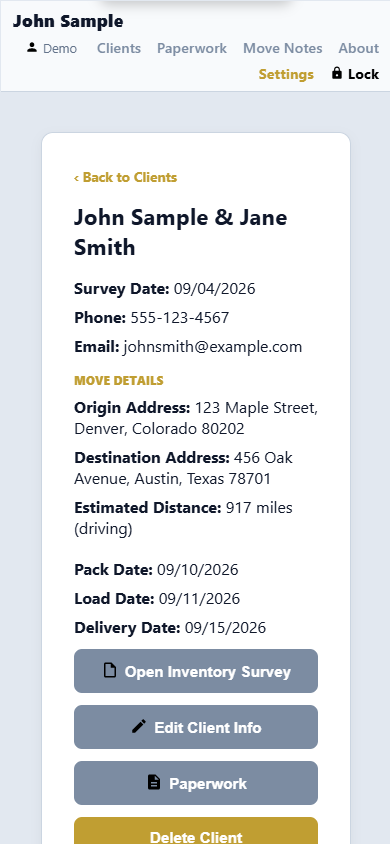 The client details screen on a phone, showing addresses, estimated driving distance, and pack, load, and delivery dates.